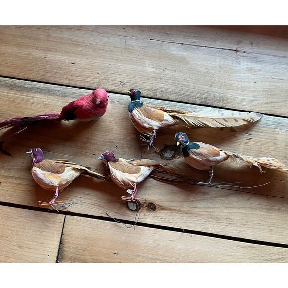 Lot of 5 Vintage Christmas Birds. Wired Feet. Feathers. Made in Japan.Red &Brown - Picture 1 of 8